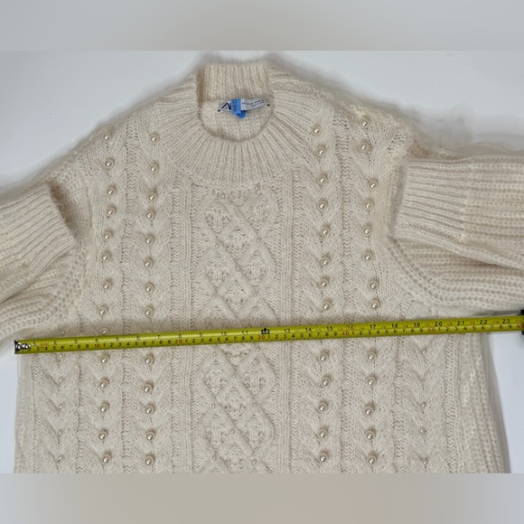 Pearl Cable Knit Sweater Tulle Puff Long Sleeves Top Blouse Relaxed Fit Jumper - Picture 12 of 17